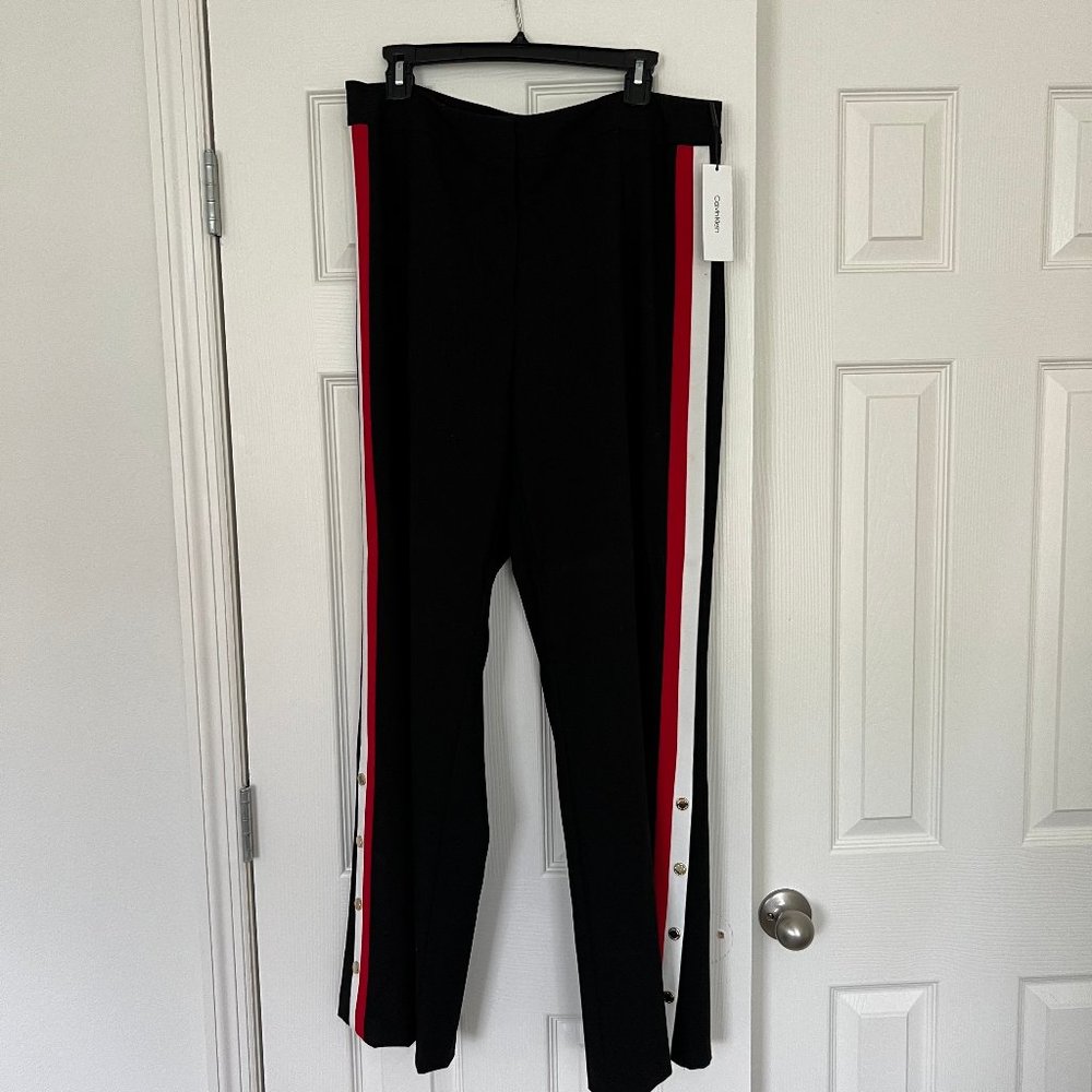 Calvin Klein Black High Waisted Pants w Red White Stripe Adjustable Leg Size 14